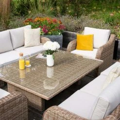 'Peony' Luxury Rattan 8 Seater Modular Garden Sofa Set with Rising Table and Parasol by Primrose Living -Rattan Garden Furniture Shop Natural FU102233 9 TableChairsSofa 95e6