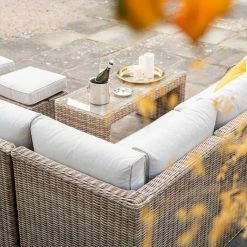 'Peony' Luxury Rattan 8 Seater Modular Garden Sofa Set with Coffee Table and Footstools by Primrose Living -Rattan Garden Furniture Shop Natural FU102235 3 SofaCloseCornerFlower b6a5