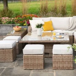 'Peony' Luxury Rattan 9 Seater Modular Garden Sofa Set with Square Rising Table and Footstools by Primrose Living -Rattan Garden Furniture Shop Natural FU102236 10 FullSetClose 78d5