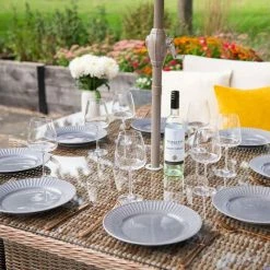 'Peony' Luxury Rattan 9 Seater Modular Garden Sofa Set with Square Rising Table and Footstools by Primrose Living -Rattan Garden Furniture Shop Natural FU102236 5 TableClose 332b