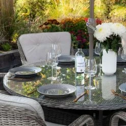 Luxury 6 Seater Circular Garden Dining Set in Stone Rattan by Primrose Living -Rattan Garden Furniture Shop Stone FU102244 2 Table 5f54
