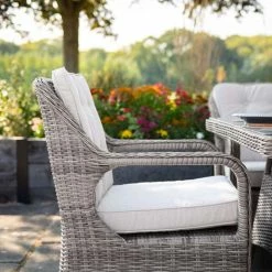 Luxury 6 Seater Circular Garden Dining Set in Stone Rattan by Primrose Living -Rattan Garden Furniture Shop Stone FU102244 3 ChairSide 2beb