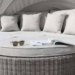 'Peony' Luxury Rattan Modular Daybed Sofa Set with Retractable Canopy in Stone by Primrose Living -Rattan Garden Furniture Shop Stone FU102247 3 CushionwithSunglasses bd4e