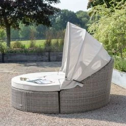 'Peony' Luxury Rattan Modular Daybed Sofa Set with Retractable Canopy in Stone by Primrose Living -Rattan Garden Furniture Shop Stone FU102247 4 DaybedSide 0b10