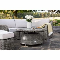 'Peony' Luxury Rattan 5 Seater Modular Garden Sofa Set with Coffee Table and Footstools in Stone by Primrose Living -Rattan Garden Furniture Shop Stone FU102248 3 Table 5586