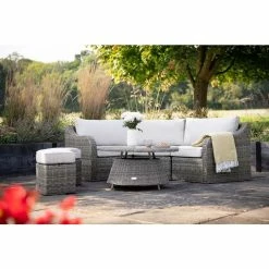 'Peony' Luxury Rattan 5 Seater Modular Garden Sofa Set with Coffee Table and Footstools in Stone by Primrose Living -Rattan Garden Furniture Shop Stone FU102248 7 FullSetFlower b9ec