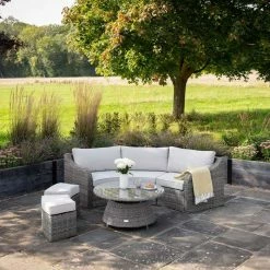 'Peony' Luxury Rattan 5 Seater Modular Garden Sofa Set with Coffee Table and Footstools in Stone by Primrose Living -Rattan Garden Furniture Shop Stone FU102248 9 FullSet2 26c1