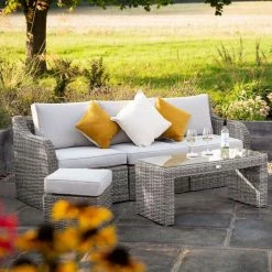 'Peony' Luxury Rattan 5 Seater Modular Garden Sofa Set with Open Coffee Table and Footstools in Stone by Primrose Living -Rattan Garden Furniture Shop Stone FU102252 7 FullSetFlower d095