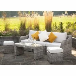 'Peony' Luxury Rattan 5 Seater Modular Garden Sofa Set with Open Coffee Table and Footstools in Stone by Primrose Living