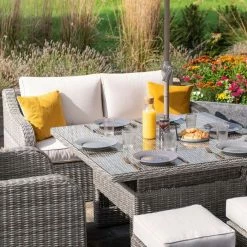 'Peony' Luxury Rattan 6 Seater Modular Garden Sofa Set with Square Rising Table and Parasol in Stone by Primrose Living -Rattan Garden Furniture Shop Stone FU102255 4 TableChairs 2ea3