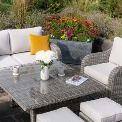 'Peony' Luxury Rattan 6 Seater Modular Garden Sofa Set with Square Rising Table and Parasol in Stone by Primrose Living -Rattan Garden Furniture Shop Stone FU102255 6 TableChairs2 34a1