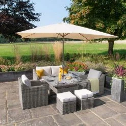 'Peony' Luxury Rattan 6 Seater Modular Garden Sofa Set with Square Rising Table and Parasol in Stone by Primrose Living
