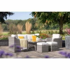 'Peony' Luxury Rattan 6 Seater Modular Garden Sofa Set with Square Rising Table and Parasol in Stone by Primrose Living -Rattan Garden Furniture Shop Stone FU102255 FullSetFlowerNoPara 6aab