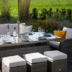 'Peony' Luxury Rattan 8 Seater Modular Garden Sofa Set with Rectangular Table and Parasol in Stone by Primrose Living -Rattan Garden Furniture Shop Stone FU102256 4 FootstoolsTable 5cd5