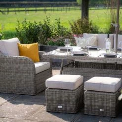 'Peony' Luxury Rattan 8 Seater Modular Garden Sofa Set with Rectangular Table and Parasol in Stone by Primrose Living -Rattan Garden Furniture Shop Stone FU102256 5 FootstoolsChairTable d256