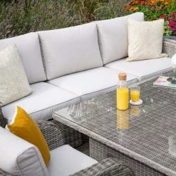 'Peony' Luxury Rattan 8 Seater Modular Garden Sofa Set with Rising Table and Parasol in Stone by Primrose Living -Rattan Garden Furniture Shop Stone FU102258 6 SofaTable 1d73
