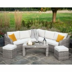 'Peony' Luxury Rattan 7 Seater Modular Garden Sofa Set with Coffee Table and Footstools in Stone by Primrose Living
