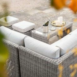 'Peony' Luxury Rattan 7 Seater Modular Garden Sofa Set with Coffee Table and Footstools in Stone by Primrose Living -Rattan Garden Furniture Shop Stone FU102259 6 SofaCloseCornerFlower 81a6