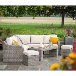 'Peony' Luxury Rattan 7 Seater Modular Garden Sofa Set with Coffee Table and Footstools in Stone by Primrose Living -Rattan Garden Furniture Shop Stone FU102259 FullSetFlower 7691