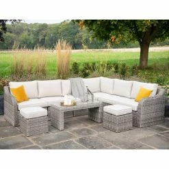 'Peony' Luxury Rattan 8 Seater Modular Garden Sofa Set with Coffee Table and Footstools in Stone by Primrose Living