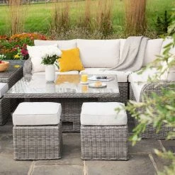 'Peony' Luxury Rattan 9 Seater Modular Garden Sofa Set with Square Rising Table and Footstools in Stone by Primrose Living -Rattan Garden Furniture Shop Stone FU102261 10 FullSetCloseFlower 2788