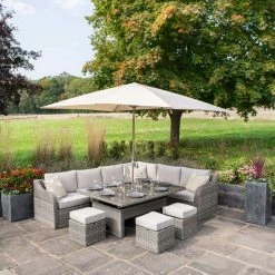 'Peony' Luxury Rattan 9 Seater Modular Garden Sofa Set with Rectangular Rising Table and Footstools in Stone by Primrose Living