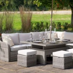 'Peony' Luxury Rattan 9 Seater Modular Garden Sofa Set with Rectangular Rising Table and Footstools in Stone by Primrose Living -Rattan Garden Furniture Shop Stone FU102262 6 FullSetCloseNoPara 3c9c