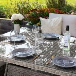 'Peony' Luxury Rattan 10 Seater Modular Garden Sofa Set with Rectangular Table in Stone by Primrose Living -Rattan Garden Furniture Shop Stone FU102264 2 TableClose 935f