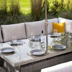 'Peony' Luxury Rattan 10 Seater Modular Garden Sofa Set with Rectangular Table in Stone by Primrose Living -Rattan Garden Furniture Shop Stone FU102264 6 TableClose2 b35c