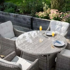 Luxury 4 Seater Circular Garden Dining Set in Stone Rattan by Primrose Living -Rattan Garden Furniture Shop Stone FU102243 5 TableChairFar cd92