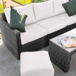 'Iris' Luxury Rattan 5 Seater Garden Sofa Set with Open Coffee Table in Stone by Primrose Living -Rattan Garden Furniture Shop fu102409 footstoolsofatable f8dd
