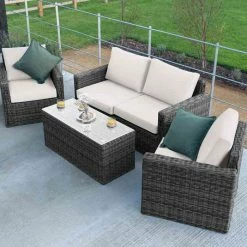'Iris' Luxury Rattan 4 Seater Garden Sofa Set with Coffee Table in Stone by Primrose Living -Rattan Garden Furniture Shop fu102412 fullsetoff2 02e1