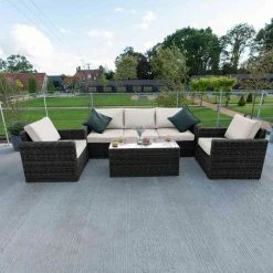 'Iris' Luxury Rattan 5 Seater Garden Sofa Set with Box Coffee Table in Stone by Primrose Living