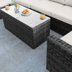 'Iris' Luxury Rattan 5 Seater Garden Sofa Set with Box Coffee Table in Stone by Primrose Living -Rattan Garden Furniture Shop fu102415 table 2de8