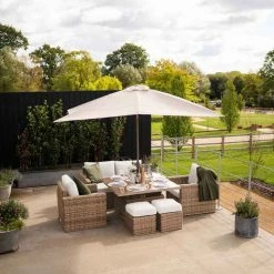 'Iris' Luxury Rattan 6 Seater Garden Sofa Set with Square Rising Table and Parasol by Primrose Living