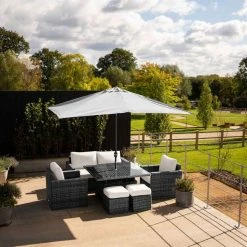 'Iris' Luxury Rattan 6 Seater Garden Sofa Set with Square Rising Table and Parasol in Stone by Primrose Living -Rattan Garden Furniture Shop fu102418 2 FullSet2 da83