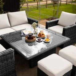 'Iris' Luxury Rattan 6 Seater Garden Sofa Set with Square Rising Table and Parasol in Stone by Primrose Living -Rattan Garden Furniture Shop fu102418 4 Table 9710