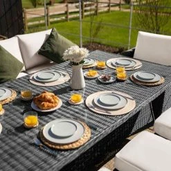 'Iris' Luxury Rattan 8 Seater Garden Sofa Set with Rectangular Table and Parasol in Stone by Primrose Living -Rattan Garden Furniture Shop fu102420 1 Table 69ae
