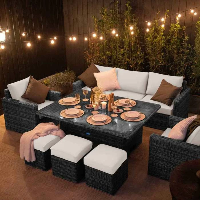 'Iris' Luxury Rattan 8 Seater Garden Sofa Set with Rectangular Rising Table in Stone by Primrose Living 4 'Iris' Luxury Rattan 8 Seater Garden Sofa Set with Rectangular Rising Table in Stone by Primrose Living - Image 2