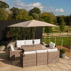 'Iris' Luxury Rattan 8 Seater Garden Sofa Set with Rectangular Rising Table and Parasol by Primrose Living