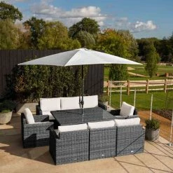 'Iris' Luxury Rattan 8 Seater Garden Sofa Set with Rectangular Rising Table and Parasol in Stone by Primrose Living