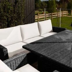 'Iris' Luxury Rattan 8 Seater Garden Sofa Set with Rectangular Rising Table and Parasol in Stone by Primrose Living -Rattan Garden Furniture Shop fu102425 4 TableCornerSofa 6c07