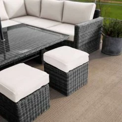 'Iris' Luxury Rattan 9 Seater Garden Sofa Set with Rectangular Rising Table and Parasol in Stone by Primrose Living -Rattan Garden Furniture Shop fu102431 1 Footstools c852