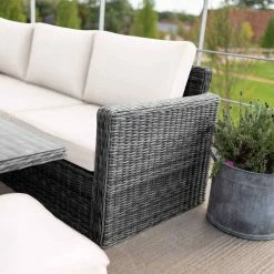 'Iris' Luxury Rattan 9 Seater Garden Sofa Set with Rectangular Rising Table and Parasol in Stone by Primrose Living -Rattan Garden Furniture Shop fu102431 2 SofaCorner 8a7f