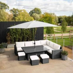 'Iris' Luxury Rattan 9 Seater Garden Sofa Set with Rectangular Rising Table and Parasol in Stone by Primrose Living -Rattan Garden Furniture Shop fu102431 3 FullSet3 c4d1